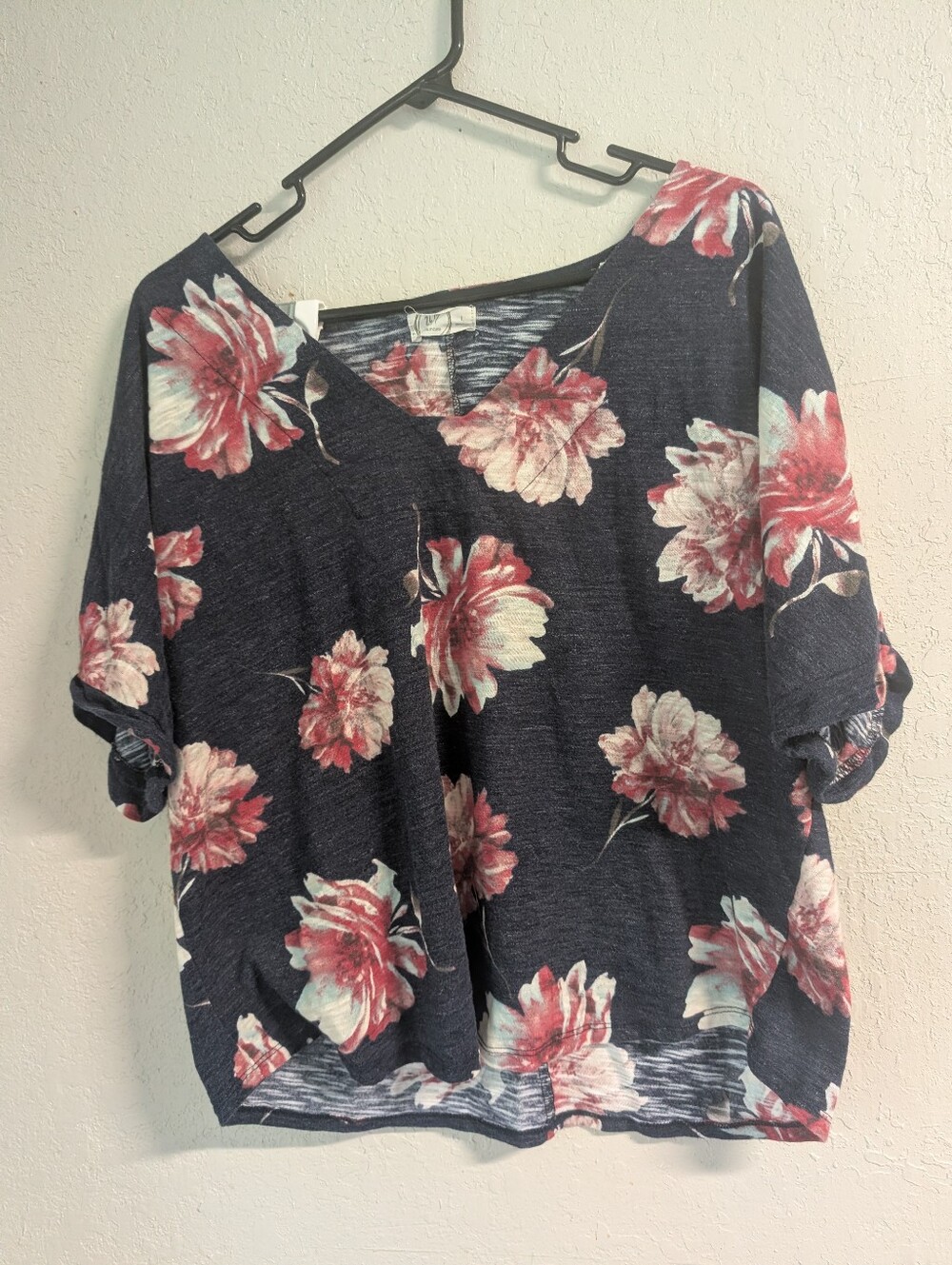 Navy Floral V-Neck Top L Navy Pink Boxy Feminine Festival Cottage Tunic Flowy